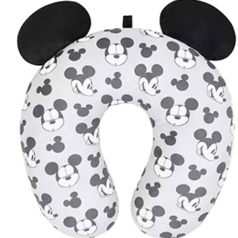 NWT Disney Mickey Mouse Faces & Icons Portable Travel Neck Pillow Ears Gray B&W